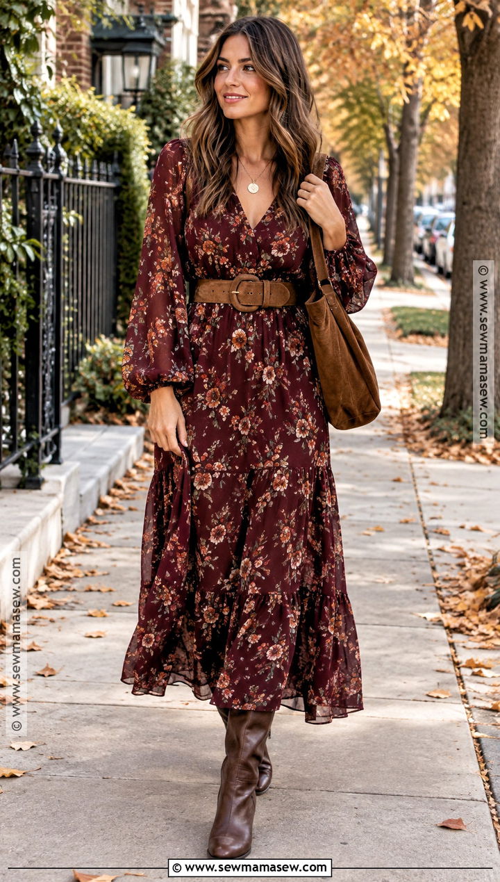 Boho Floral Maxi Dress With Knee High Boots - 15 fall outfits 2026 boho