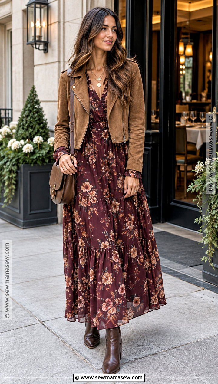 Boho Floral Maxi Dress With Suede Boots - 15 boho date night outfit fall ideas