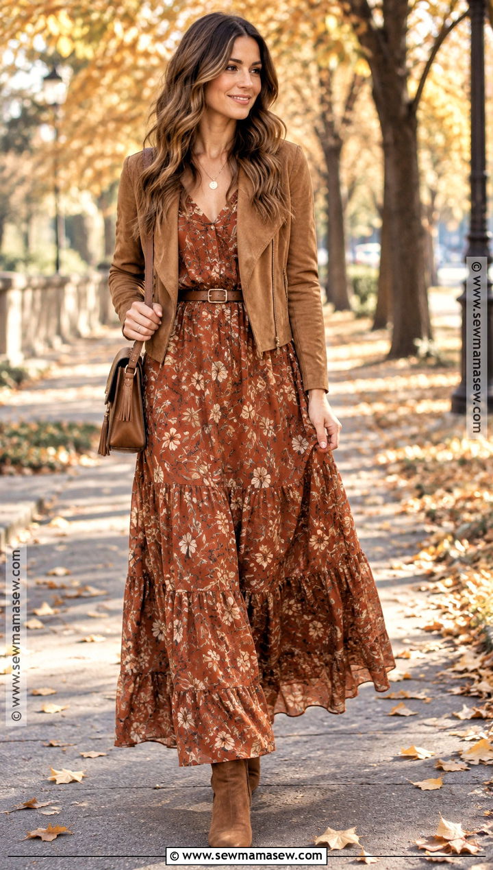 Boho Floral Maxi Dress With Suede Jacket - 15 Fall 2026 Boho Fashion Ideas