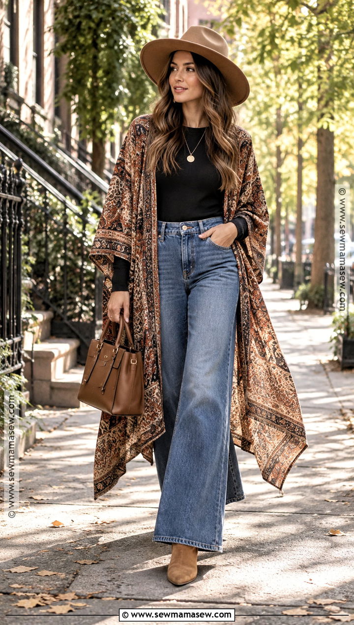 Boho Kimono Cardigan With Wide Leg Jeans - 15 fall outfits 2026 boho