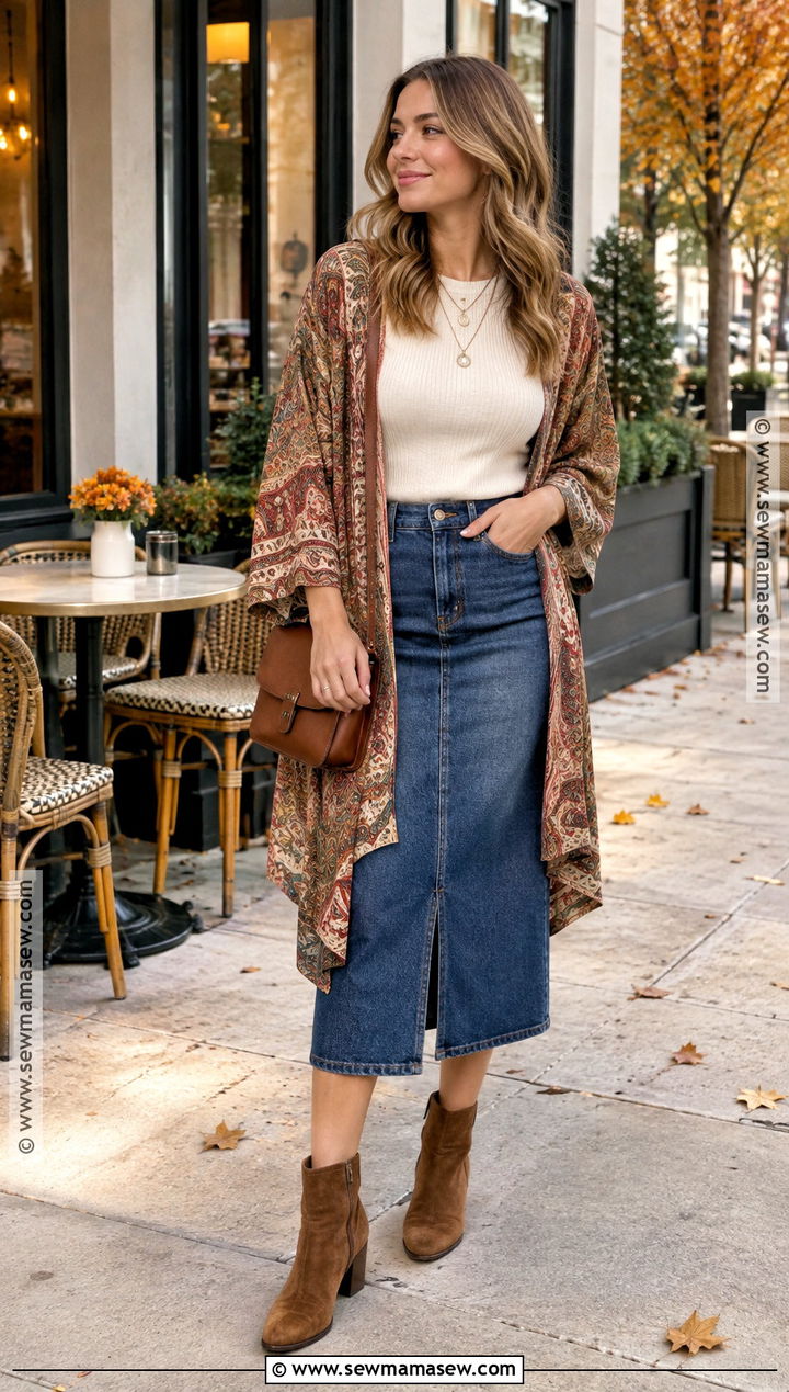 Boho Kimono With Denim Skirt And Boots - 15 fall kimono outfit ideas