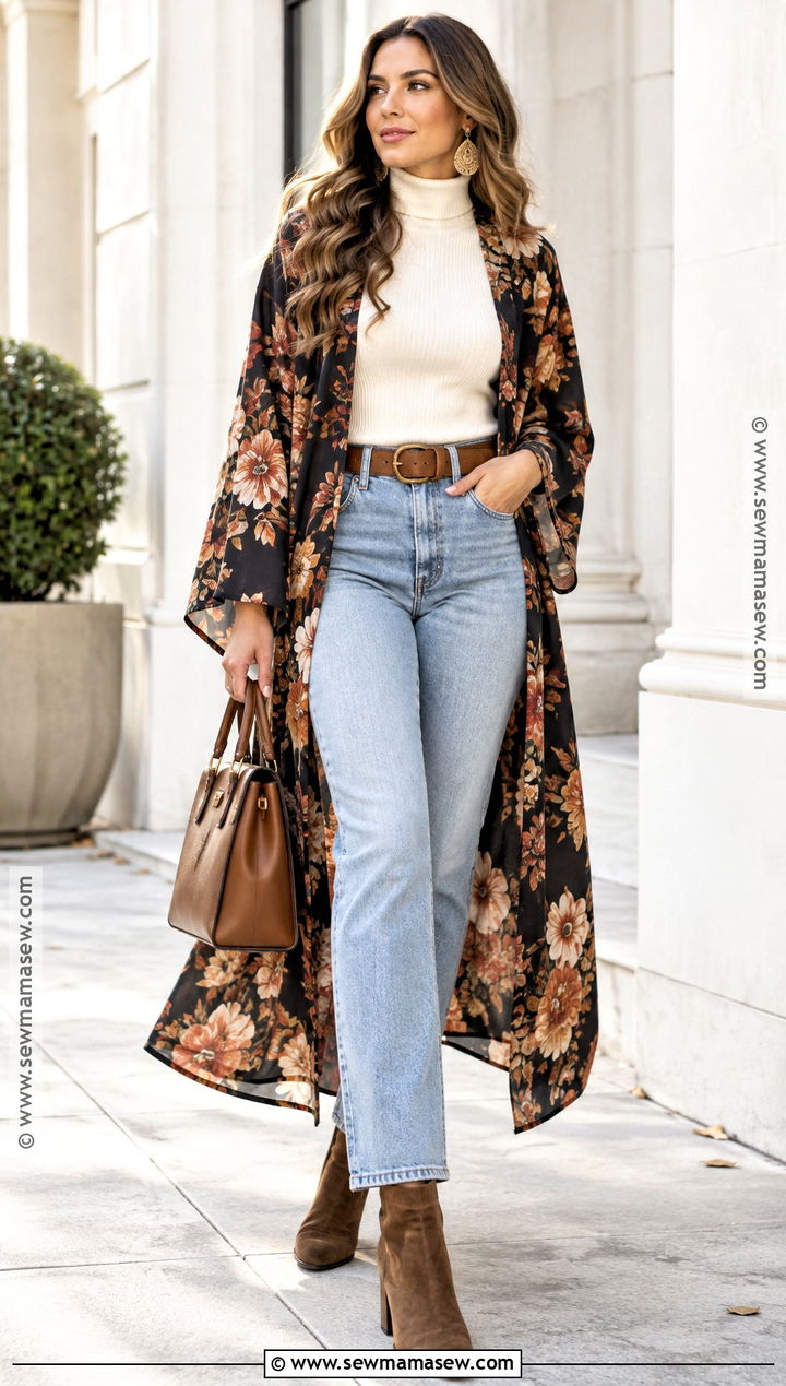 Boho Kimono With Turtleneck And Jeans - 15 Fall 2026 Boho Fashion Ideas
