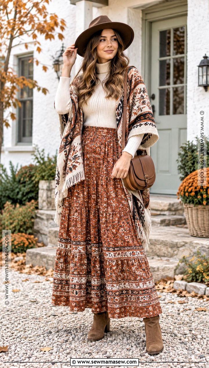 Boho Knit Poncho With Maxi Skirt And Ankle Boots - 15 fall winter boho outfits