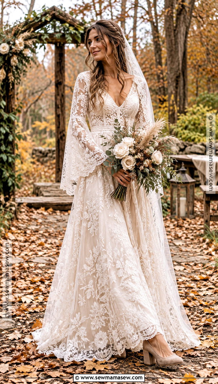 Boho Lace A Line Wedding Dress - 15 A Line Fall Wedding Dress Ideas
