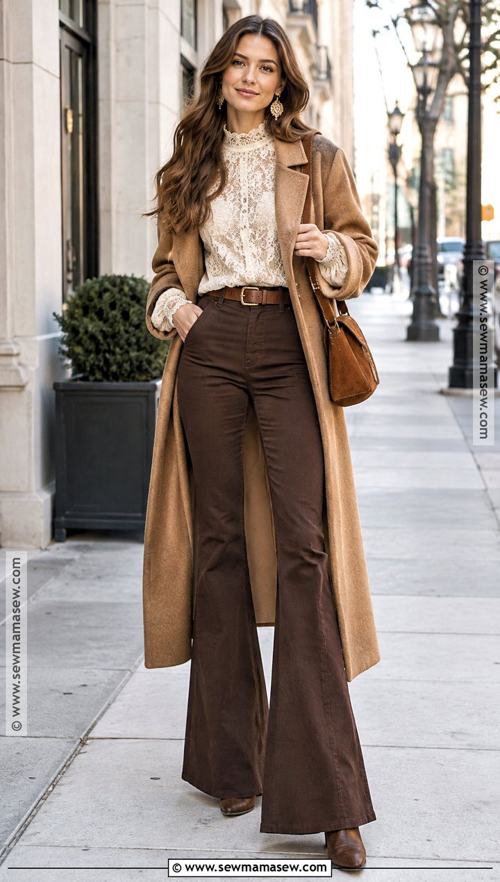 Boho Lace Blouse With Brown Flared Pants - 20 boho chic fall outfits