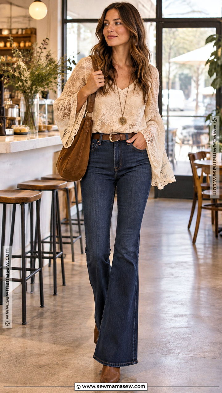 Boho Lace Blouse With Flare Jeans - 15 fall outfits 2026 boho