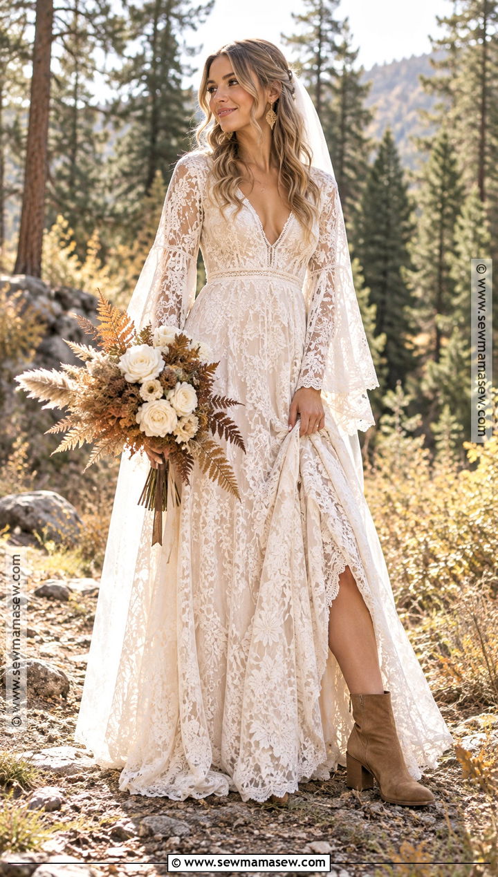 Boho Lace Bridal Dress With Bell Sleeves - 15 autumn bridal dress ideas