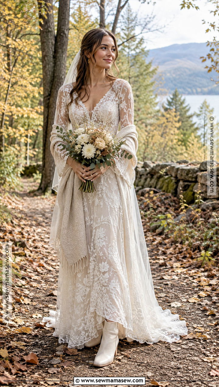 Boho Lace Bridal Gown With Ivory Boots - 20 fall bridal outfits