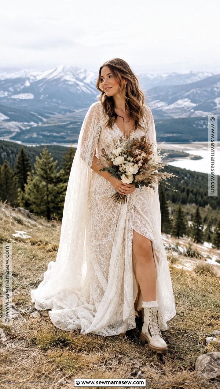Boho Lace Elopement Dress With Cape - 15 November Elopement Dress Ideas
