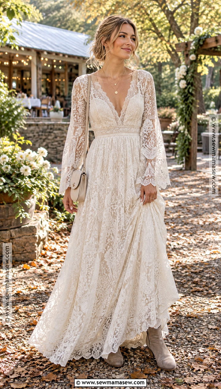 Boho Lace Maxi Dress And Ankle Boots - 20 fall bridal shower outfit for bride ideas