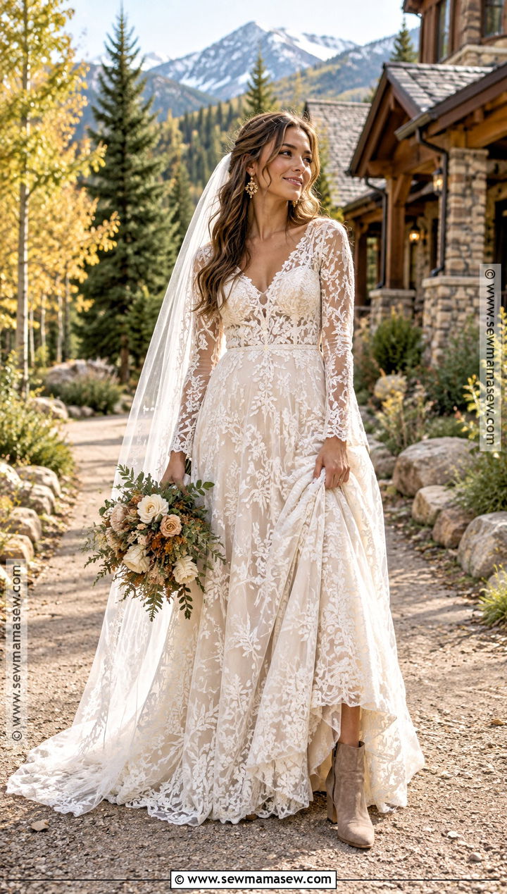 Boho Lace October Wedding Gown With Boots - 15 October Wedding Gowns