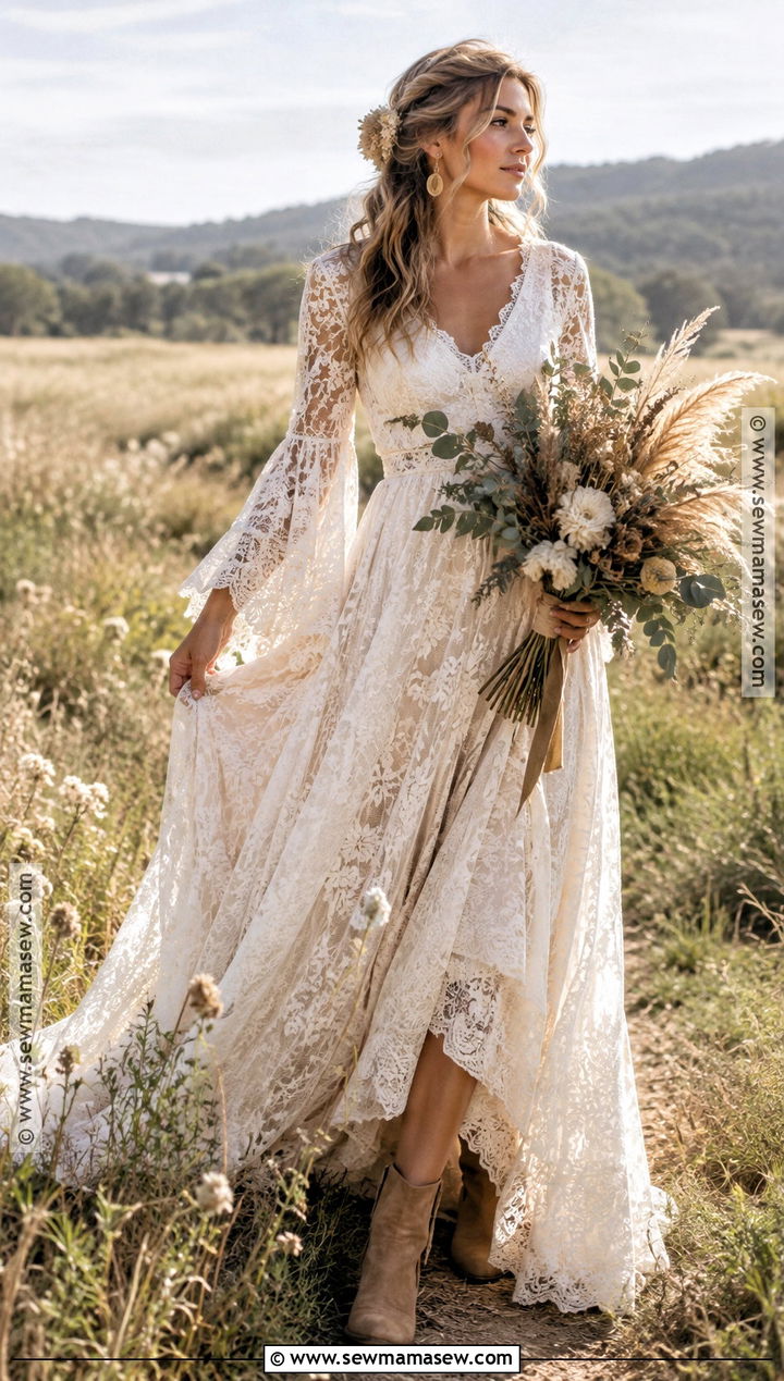 Boho Lace Rustic Fall Wedding Dress - 20 rustic fall wedding dress ideas