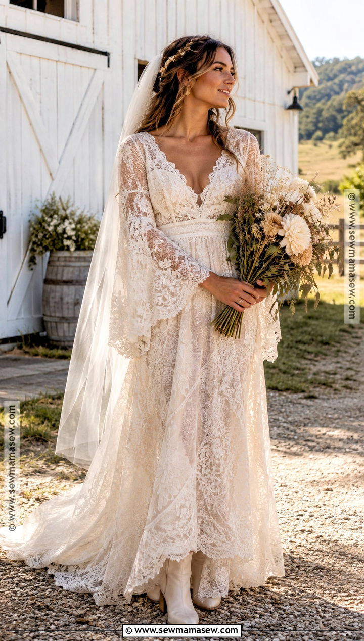 Boho Lace Wedding Dress With Bell Sleeves - 15 september wedding dresses bride