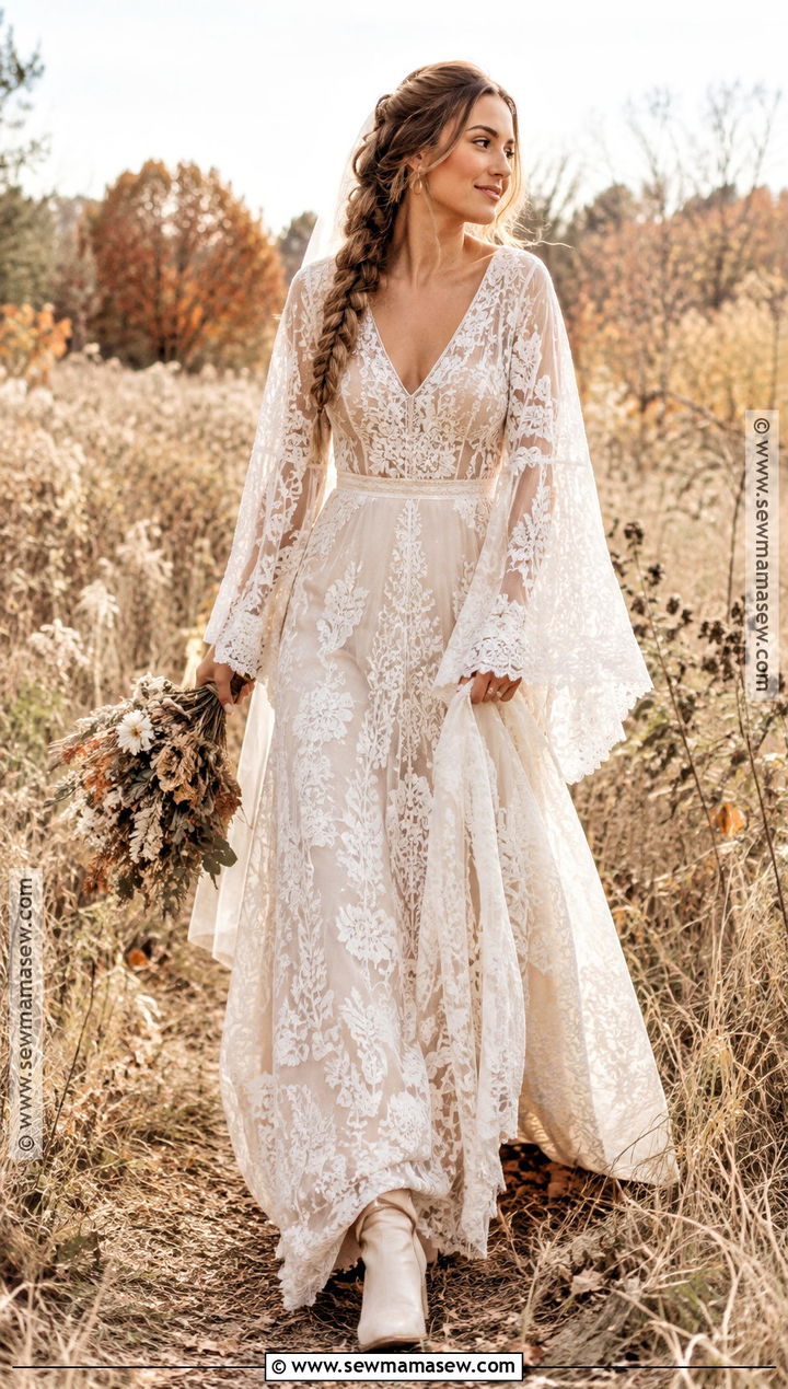 Boho Lace Wedding Dress With Bell Sleeves - 15 fall lace wedding dress ideas