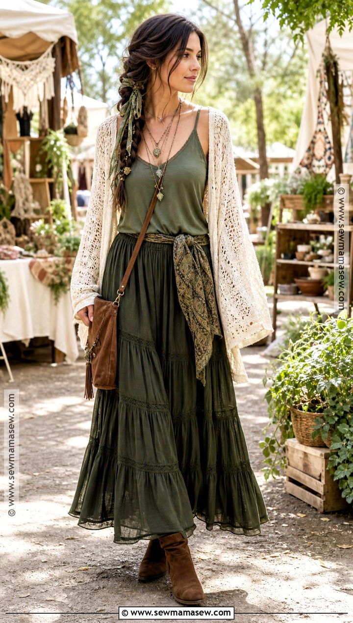 Boho Layered Green Witch Outfit - 30 green witch outfit ideas