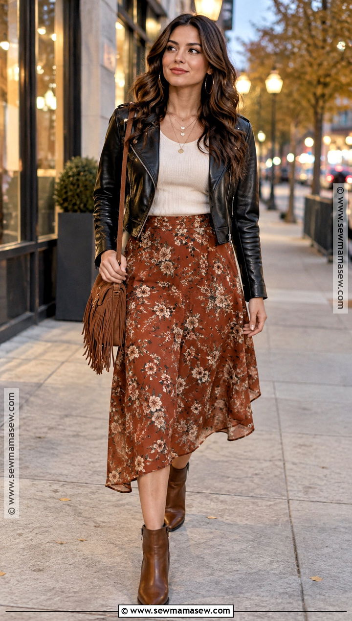Boho Leather Jacket With Floral Skirt - 15 boho date night outfit fall ideas