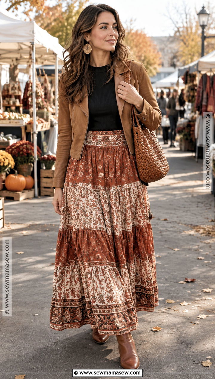 Boho Long Skirt Outfit With Cropped Jacket - 25 fall outfits long skirt