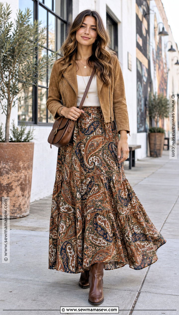 Boho Long Skirt Outfit With Suede Jacket - 25 fall long skirt outfits