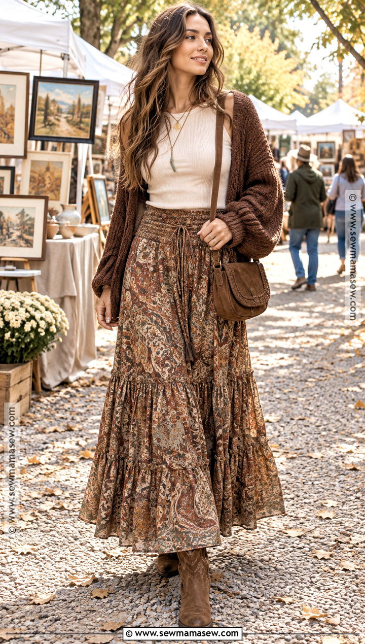 Boho Long Skirt With Cardigan And Western Boots - 15 Long Skirt Outfits For Fall Casual