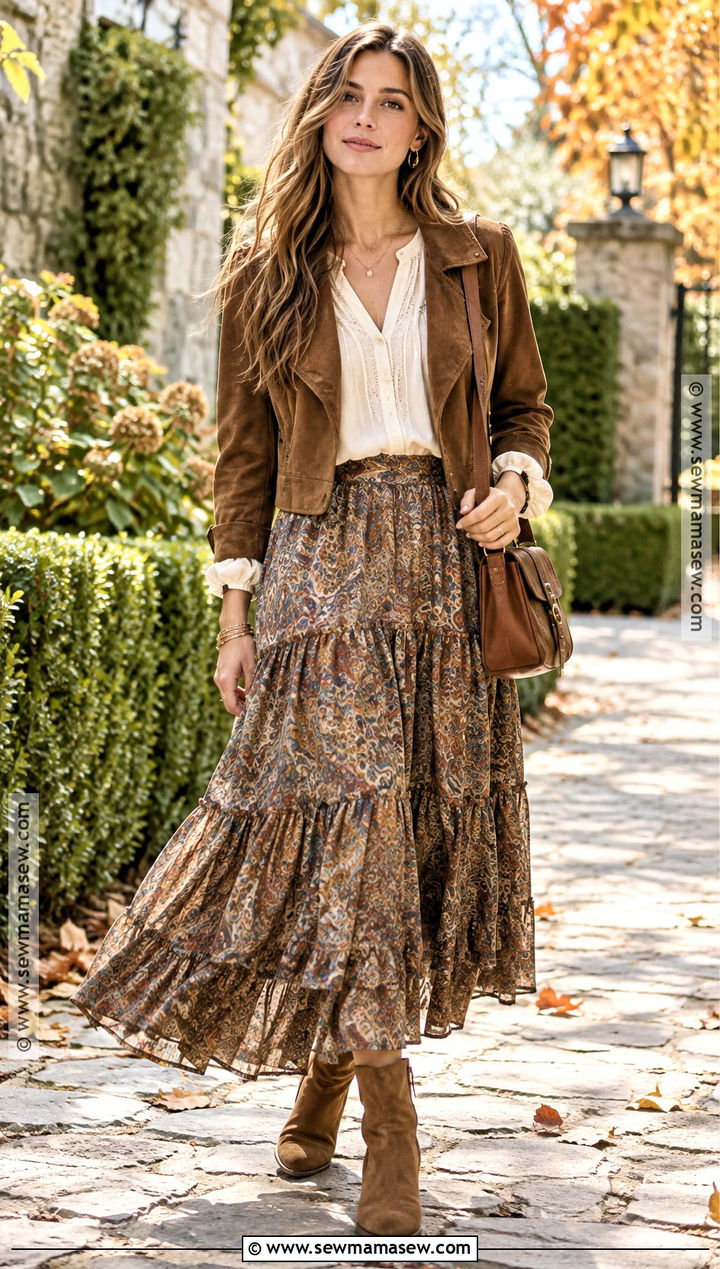 Boho Long Skirt With Peasant Blouse And Suede Boots - 20 autumn outfits long skirt