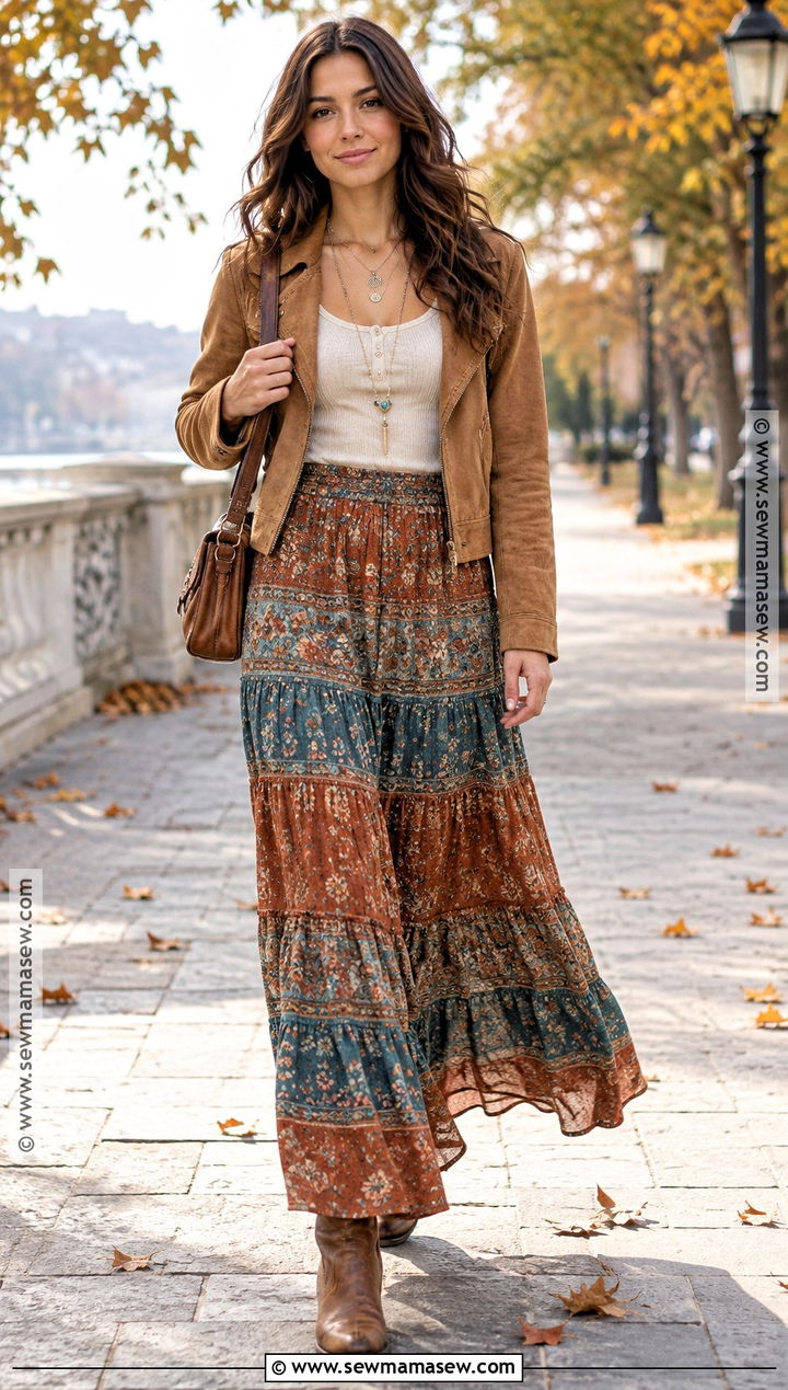 Boho Long Skirt With Suede Jacket And Cowboy Boots - 25 long skirt outfits fall