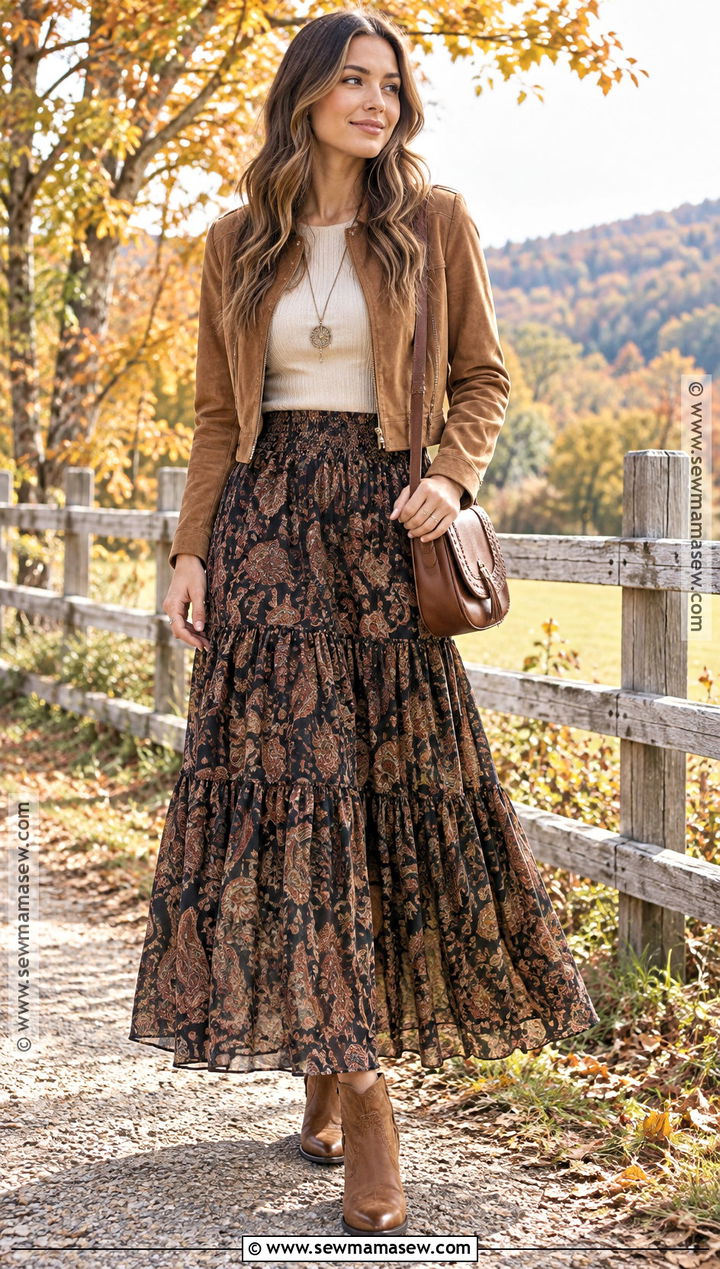 Boho Long Skirt With Suede Jacket And Western Boots - 20 Long Skirt Outfits For Autumn