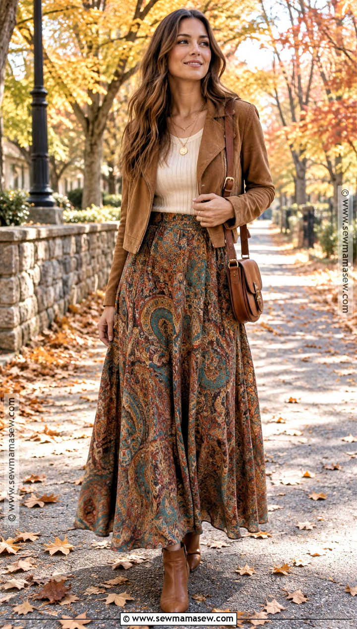 Boho Long Skirt With Suede Jacket - 25 Long Skirt Fall Outfits