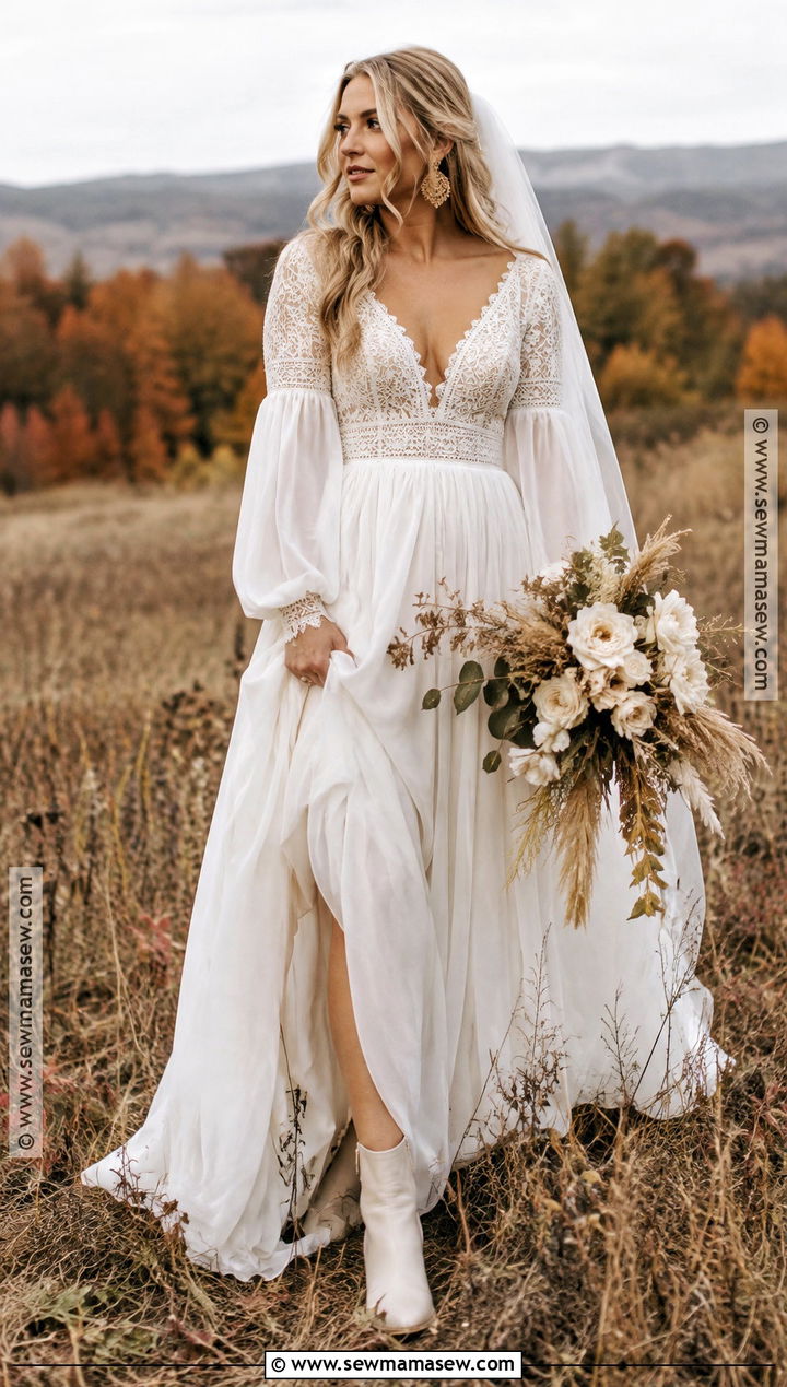 Boho Long Sleeve Fall Wedding Dress - 20 long sleeve fall wedding dress ideas