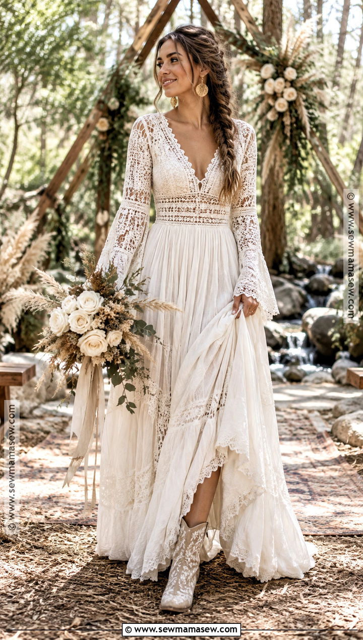 Boho Long Sleeve Wedding Dress - 15 fall long sleeve wedding dress ideas