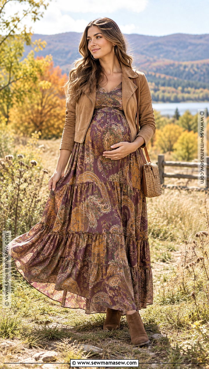 Boho Maternity Maxi Dress With Suede Jacket - 15 fall dresses maternity