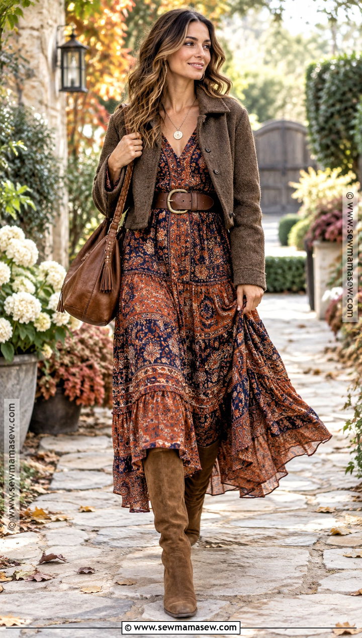 Boho Maxi Dress And Knee High Boots Autumn Outfit - 15 Autumn Clothes 2026