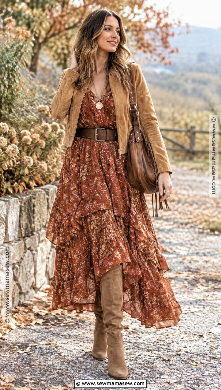 Boho Maxi Dress And Knee High Boots Autumn Outfit - 15 Autumn Outfit Inspo Ideas 2026