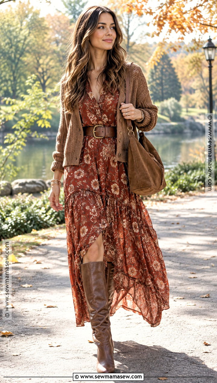 Boho Maxi Dress And Knee High Boots Autumn Outfit - 15 outfit inspo autumn ideas 2026