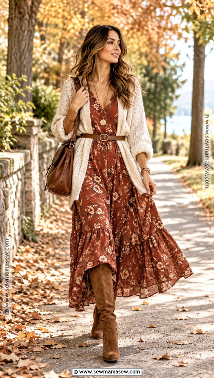 Boho Maxi Dress And Knee High Boots Fall Outfit - 15 Fall 24 Fashion Ideas