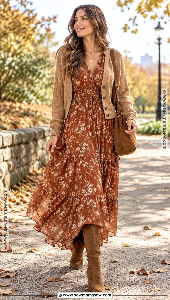 Boho Maxi Dress And Knee High Boots Fall Outfit - 15 fall clothing ideas 2026