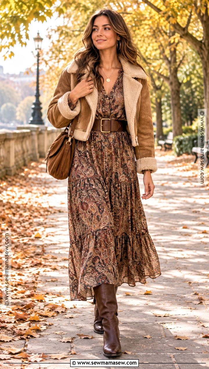 Boho Maxi Dress And Knee High Boots Fall Outfit - 15 Fashion Fall Ideas 2026