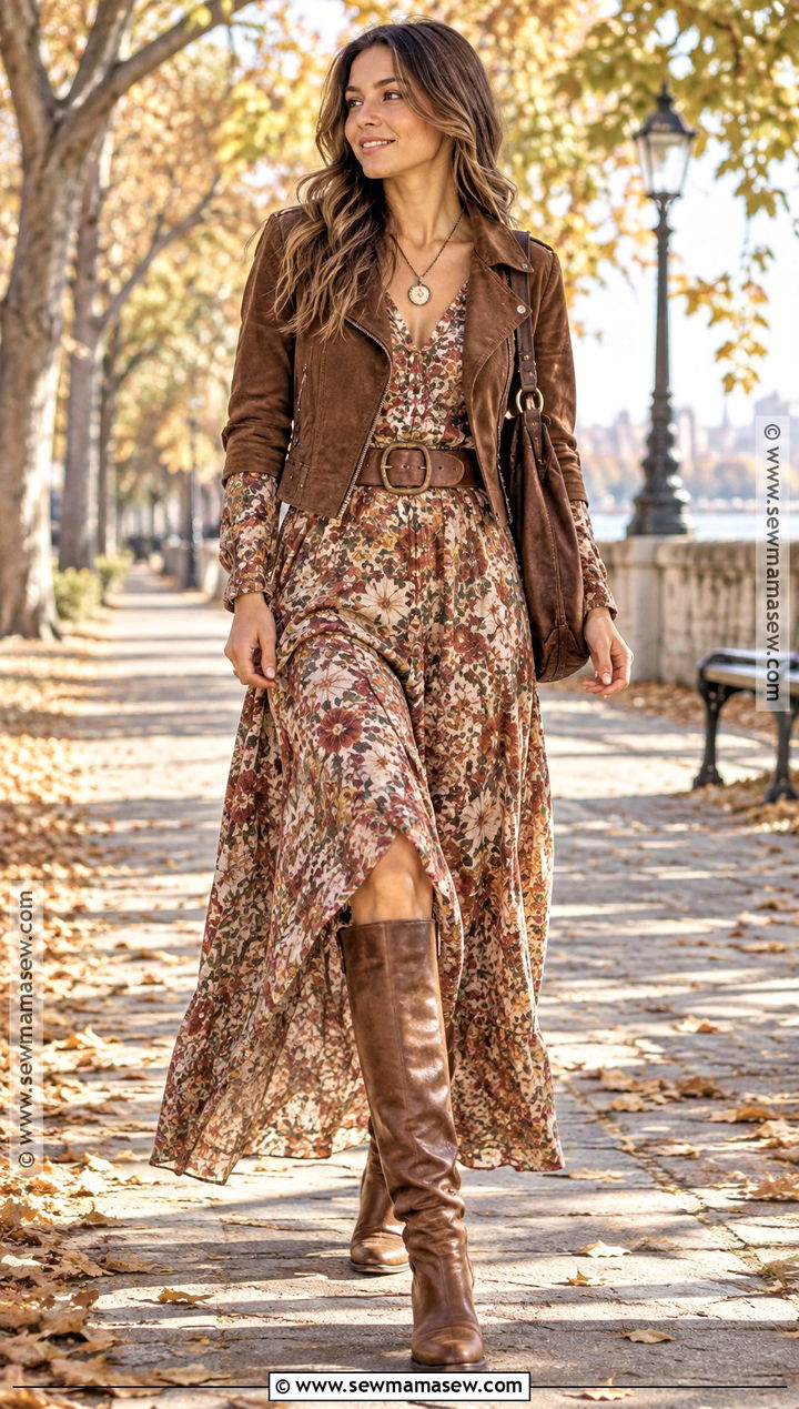 Boho Maxi Dress And Knee High Boots Fall Outfit - 15 fashion outfits fall 2026
