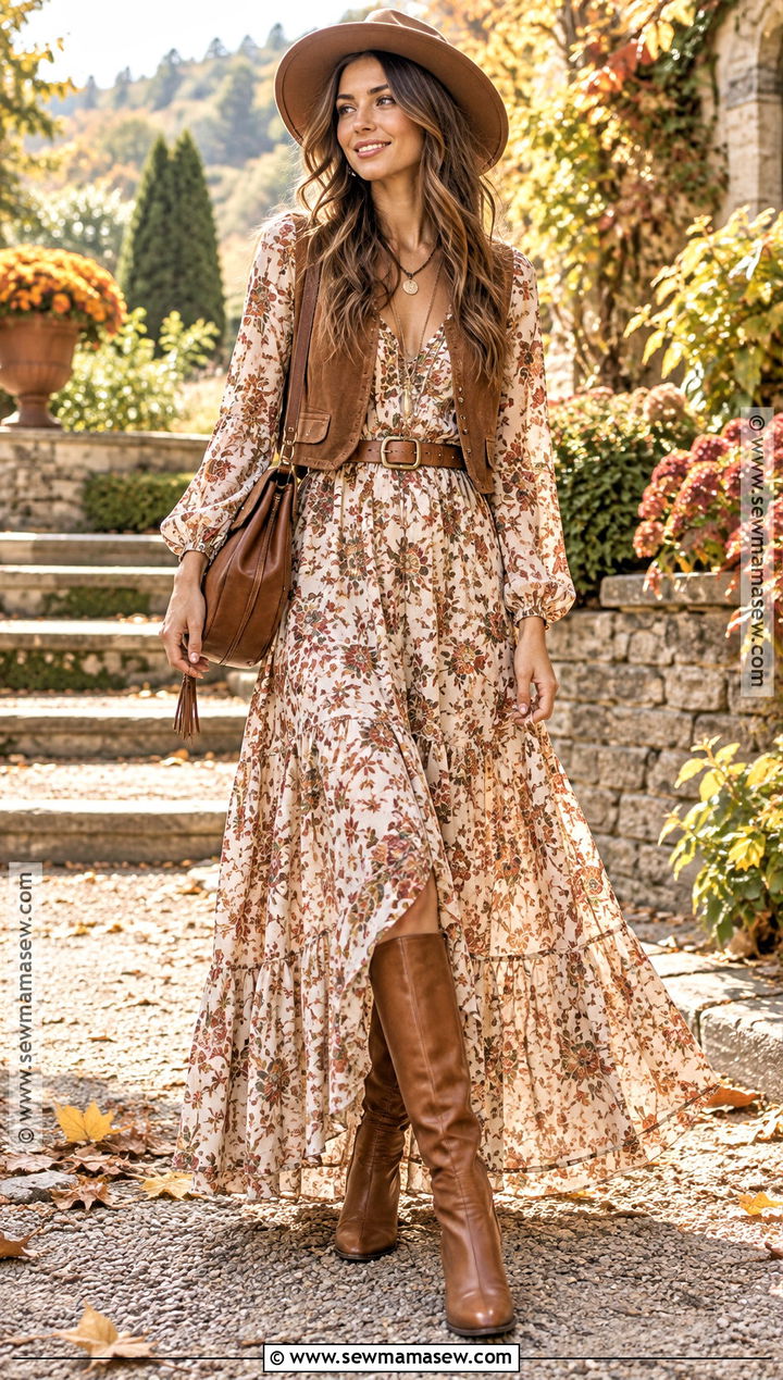 Boho Maxi Dress And Knee High Boots Fall Outfit - 15 fall 2026 inspo outfits