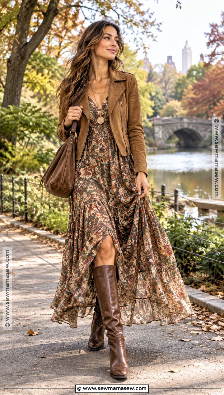 Boho Maxi Dress And Knee High Boots Outfit - 15 Fashion AutumnWinter 20242020 Ideas