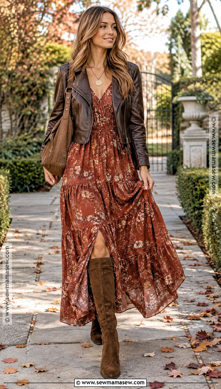 Boho Maxi Dress And Suede Boots Fall Outfit - 20 Autumn Fashion Women Fall Outfits 2026