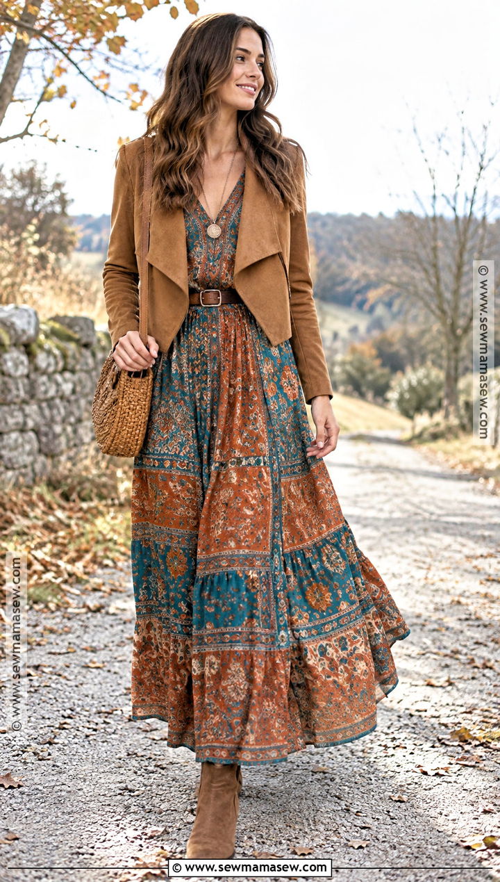Boho Maxi Dress And Suede Boots Fall Outfit - 25 fall outfit aesthetic ideas