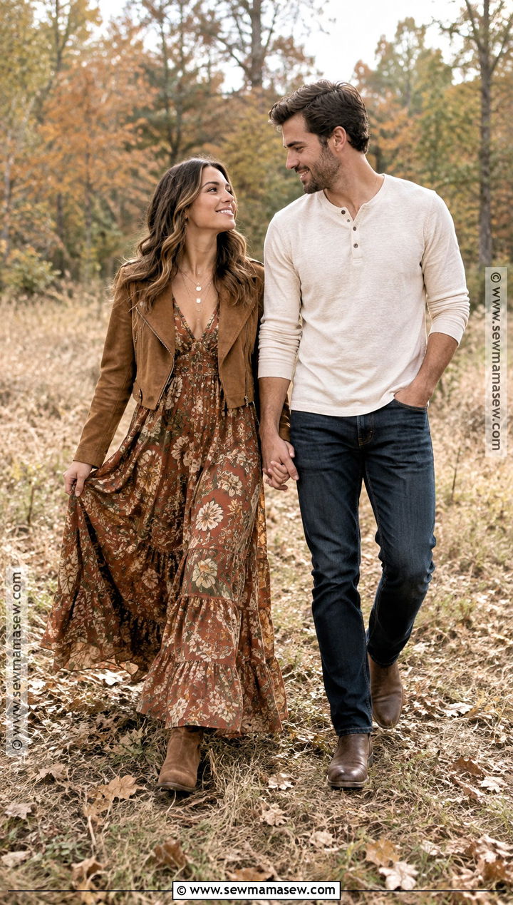 Boho Maxi Dress And Suede Jacket Engagement Outfit - 20 engagement photos fall outfit ideas