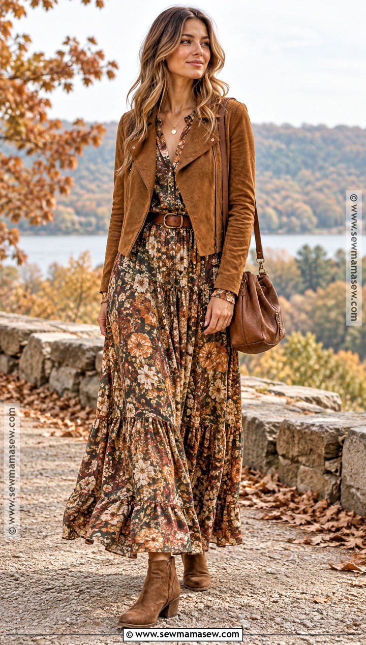 Boho Maxi Dress And Suede Jacket Fall Outfit - 20 30 trendy fall outfit ideas