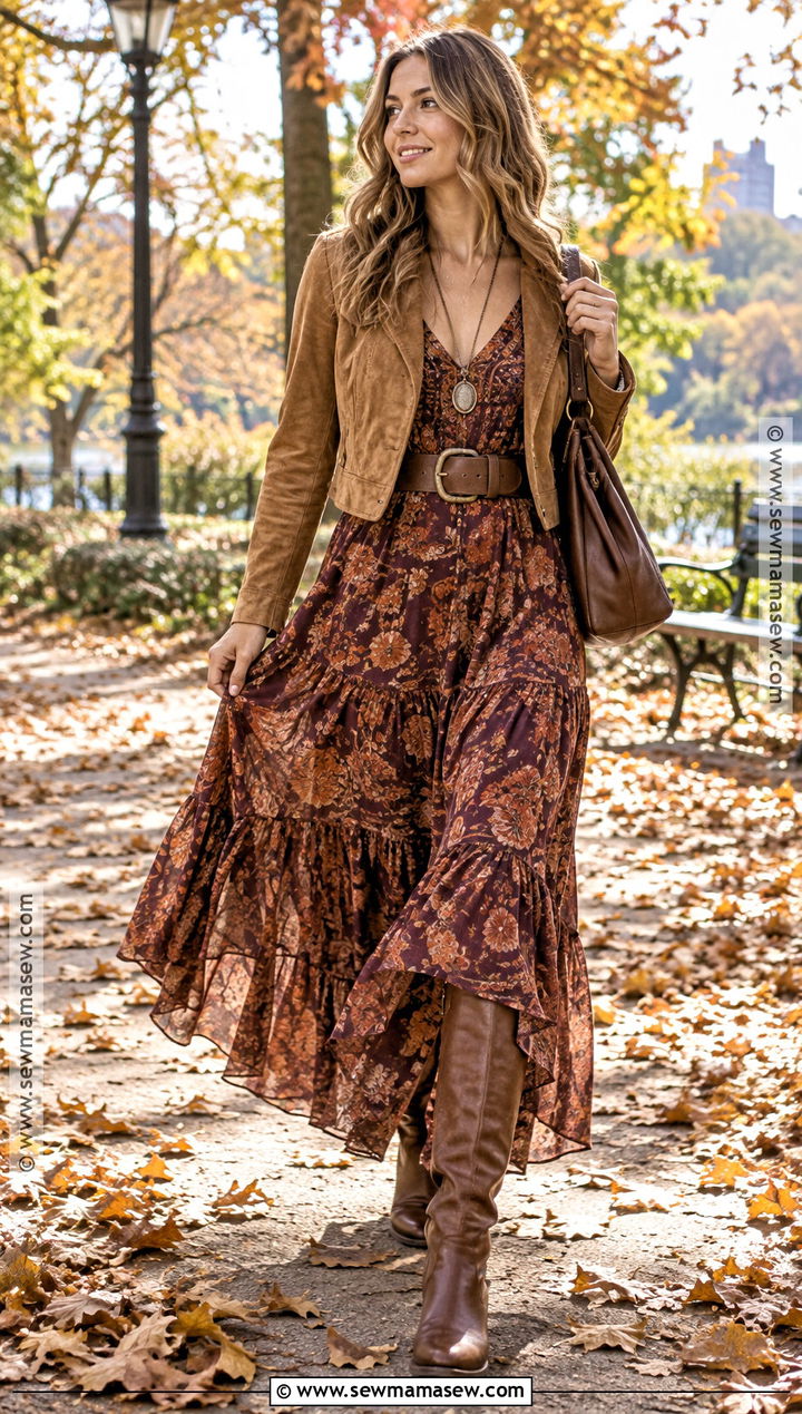 Boho Maxi Dress And Tall Boots Autumn Outfit - 15 autumn outfits inspo 2026