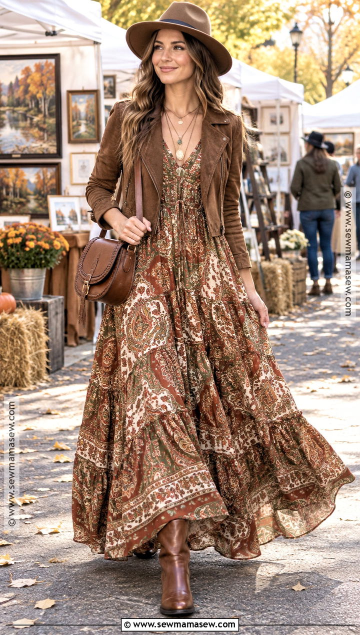 Boho Maxi Dress With Cropped Suede Jacket - 25 Fall Maxi Dress Ideas
