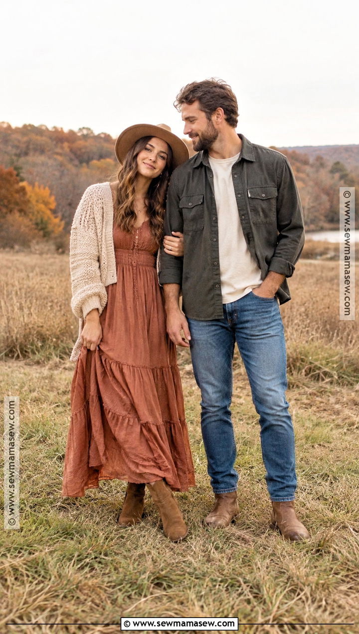 Boho Maxi Dress With Felt Hat And Boots - 15 engagement photos outfits autumn