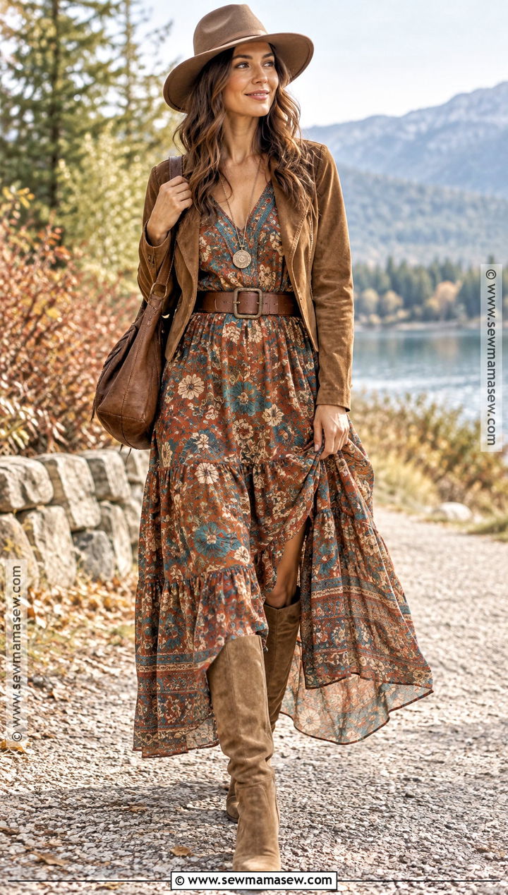 Boho Maxi Dress With Long Suede Boots - 15 Dress With Long Boots Fall Outfits