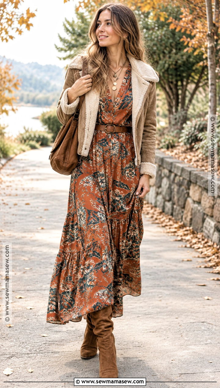 Boho Maxi Dress With Slouchy Suede Boots - 25 fall dress outfit with boots