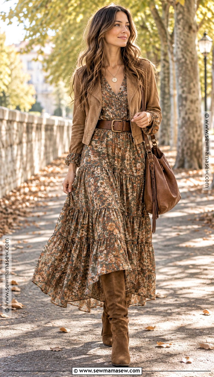 Boho Maxi Dress With Suede Boots - 15 clothes for autumn 2026