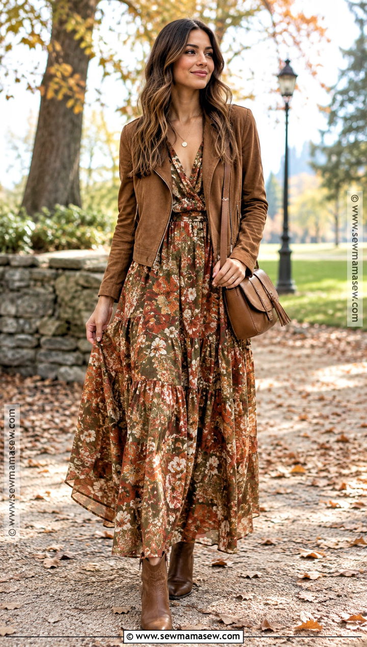 Boho Maxi Dress With Suede Jacket - 15 fall dress outfit ideas 2026